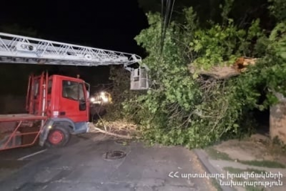 Сильный ветер в Ереване повредил крыши домов, рекламные щиты, автомобили